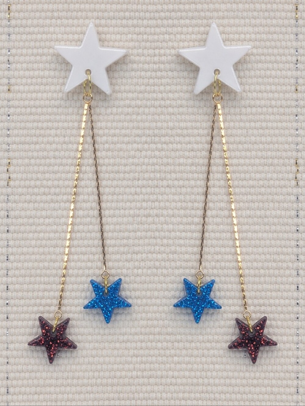 Patriotic Star 18KGP Gold Chain Earrings Red White Blue Acrylic 4th of July - Picture 1 of 4